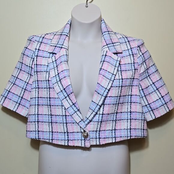 River Island Tweed Cropped Blazer jacket Size 10 Clueless Light Academia Preppy - Picture 2 of 14